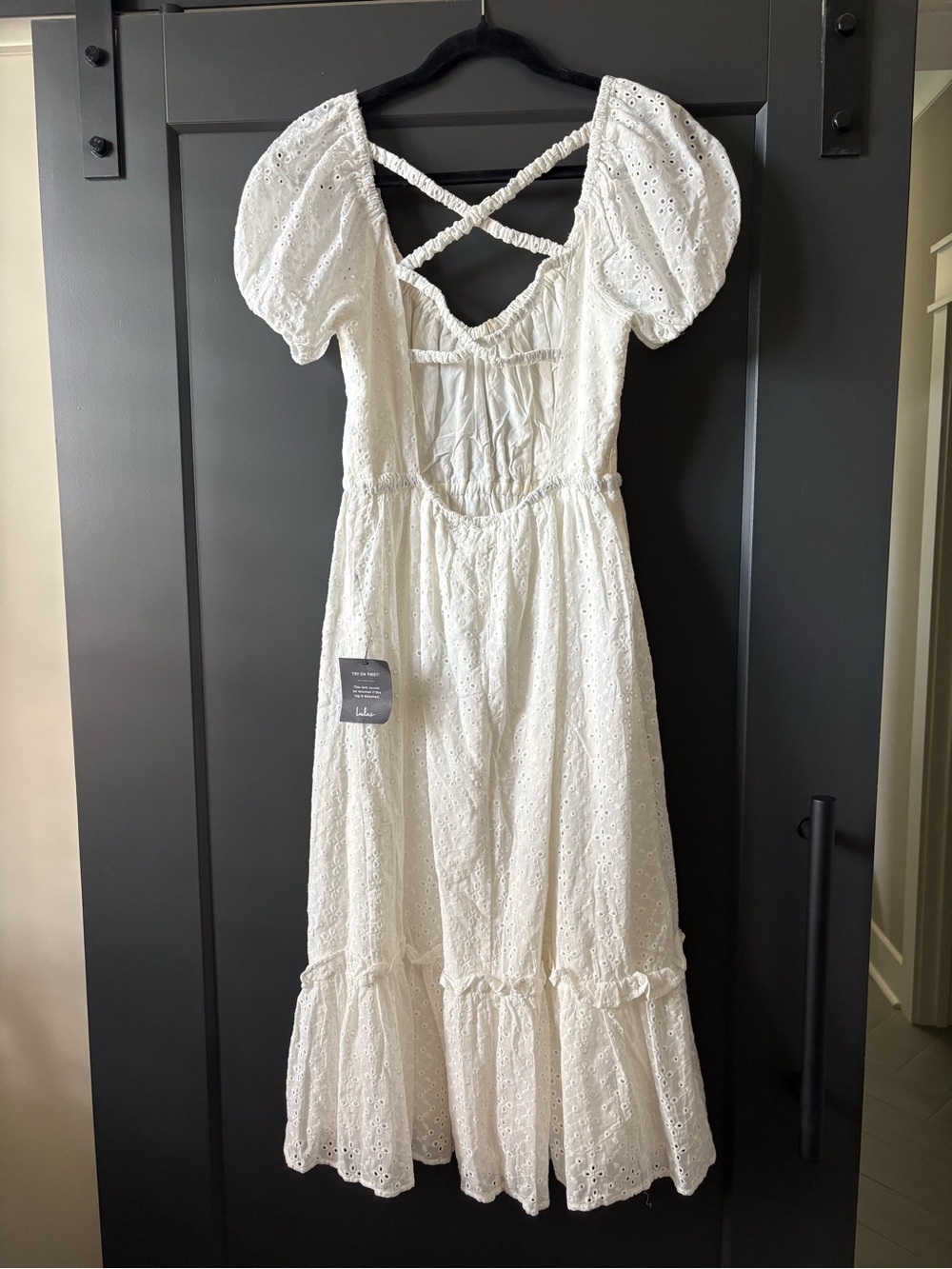 Lulu's White Eyelet Midi Dress with Puff Sleeves - Picture 4 of 9